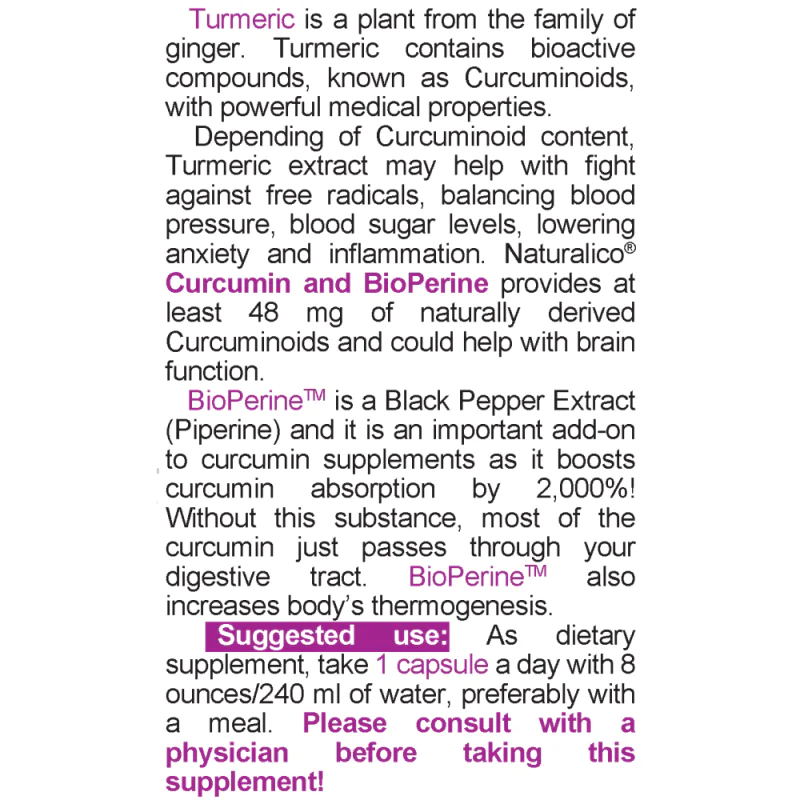 NATURALICO Curcumin And Bioperine 60 капсули