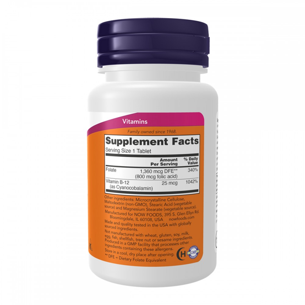 NOW Folic Acid with B12 800mcg 250 таблетки